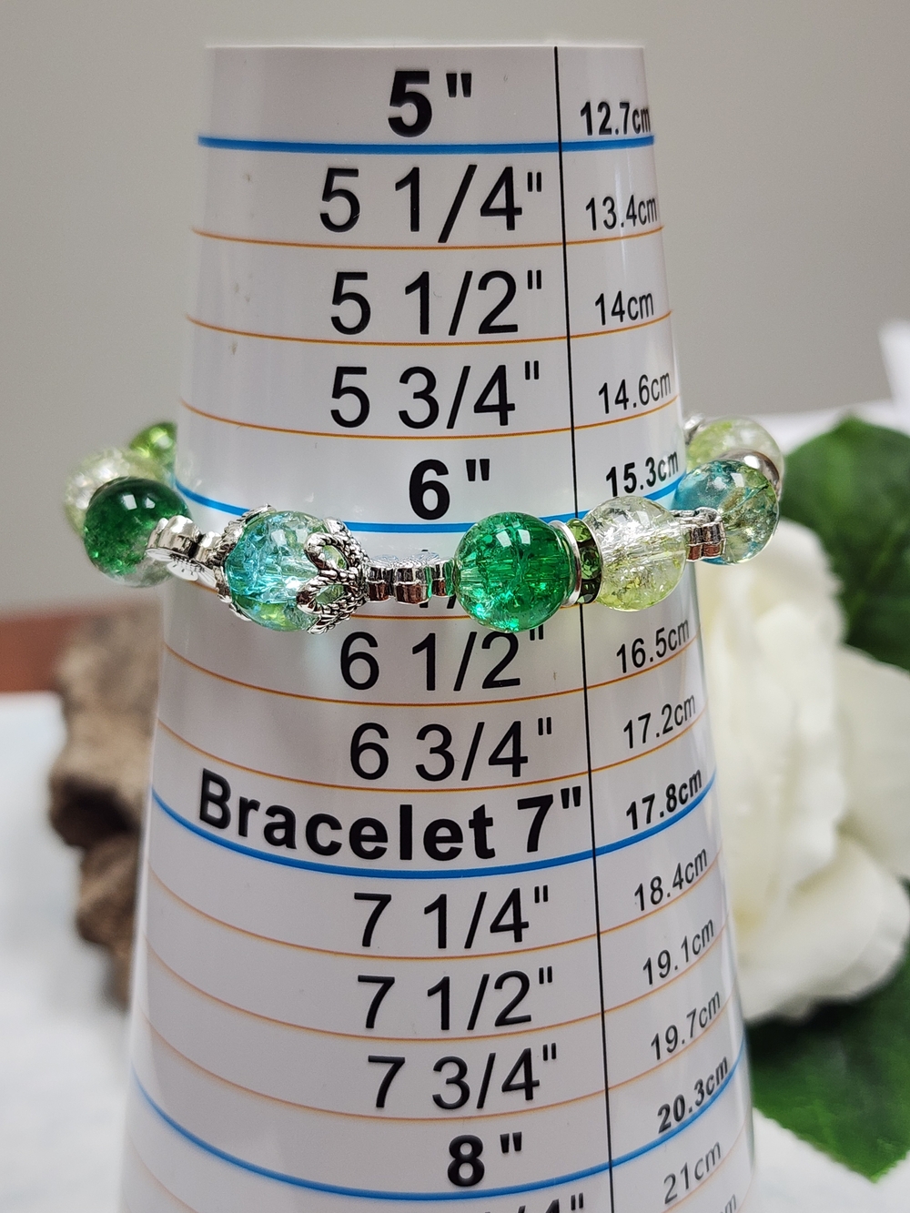 Stretch Bracelet Green and Blue Crackled Glass Beads With Floral Spacers - Picture 6 of 6